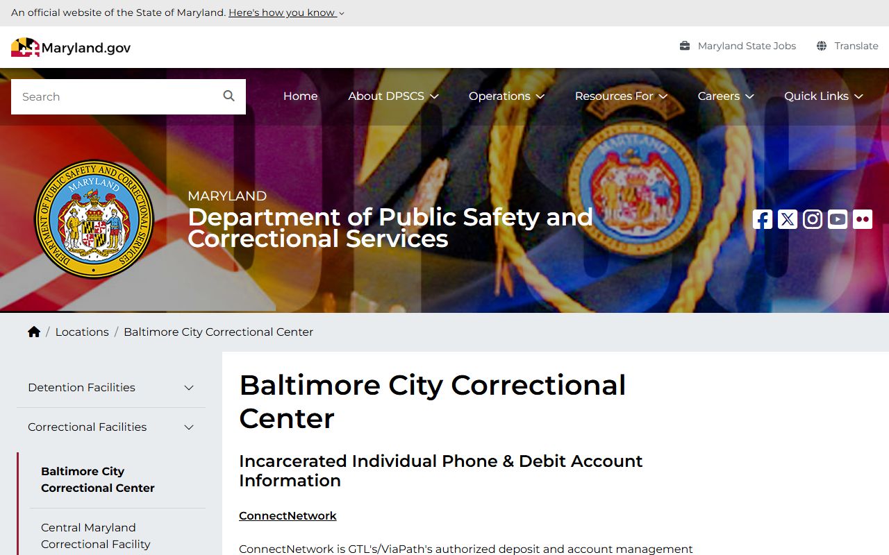 DPSCS Baltimore City Correctional Center official page with contact and visiting information