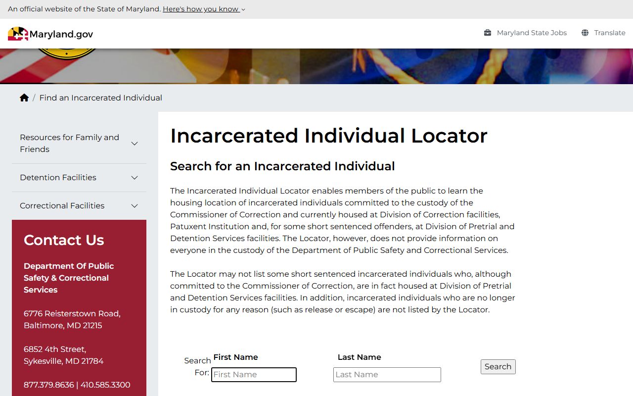 Baltimore City inmate population DPSCS locator search fields