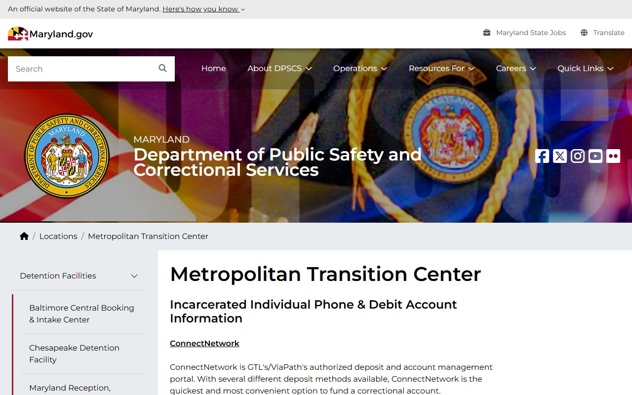 DPSCS Metropolitan Transition Center official page with visitation scheduling information