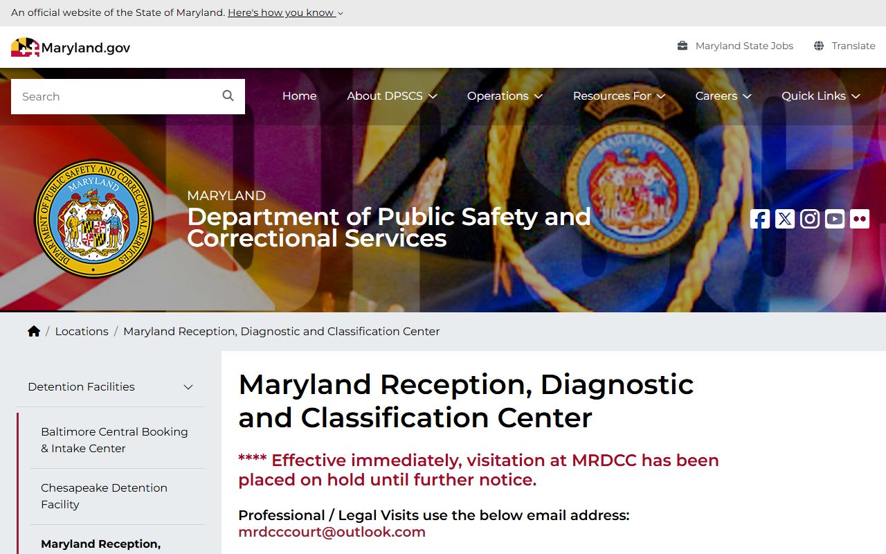 Maryland Reception Diagnostic and Classification Center inmate lookup record